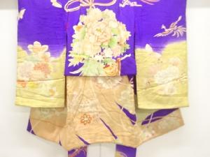 アンティーク　縮緬錦紗牡丹に蝶模様刺繍五ツ紋着物